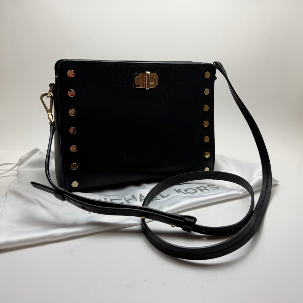 Michael Kors Black Leather Crossbody with Gold-Tone Stud Accents